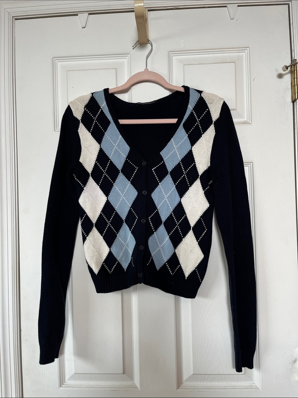 Brandy Melville Navy Argyle Button-Up Cardigan - Navy, Light Blue & Cream